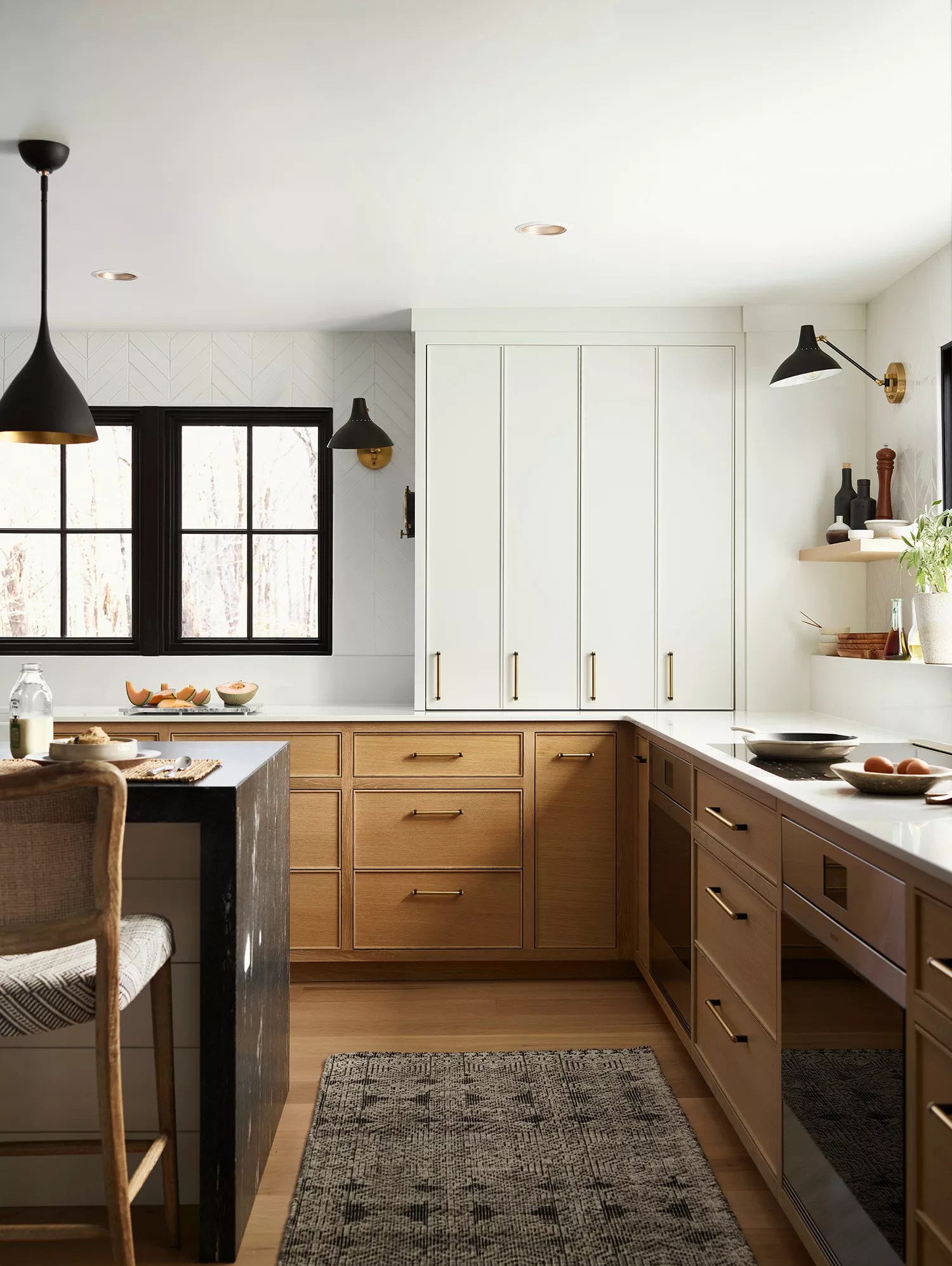 white kitchen with wood cabinets