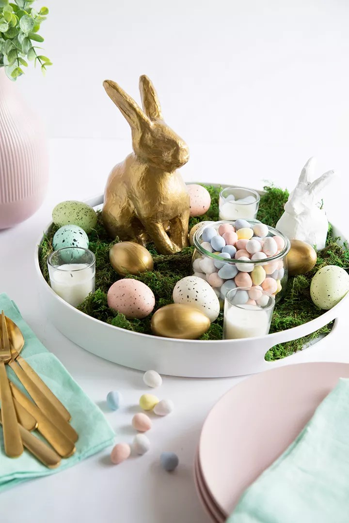 decorative easter bunnies in serving tray