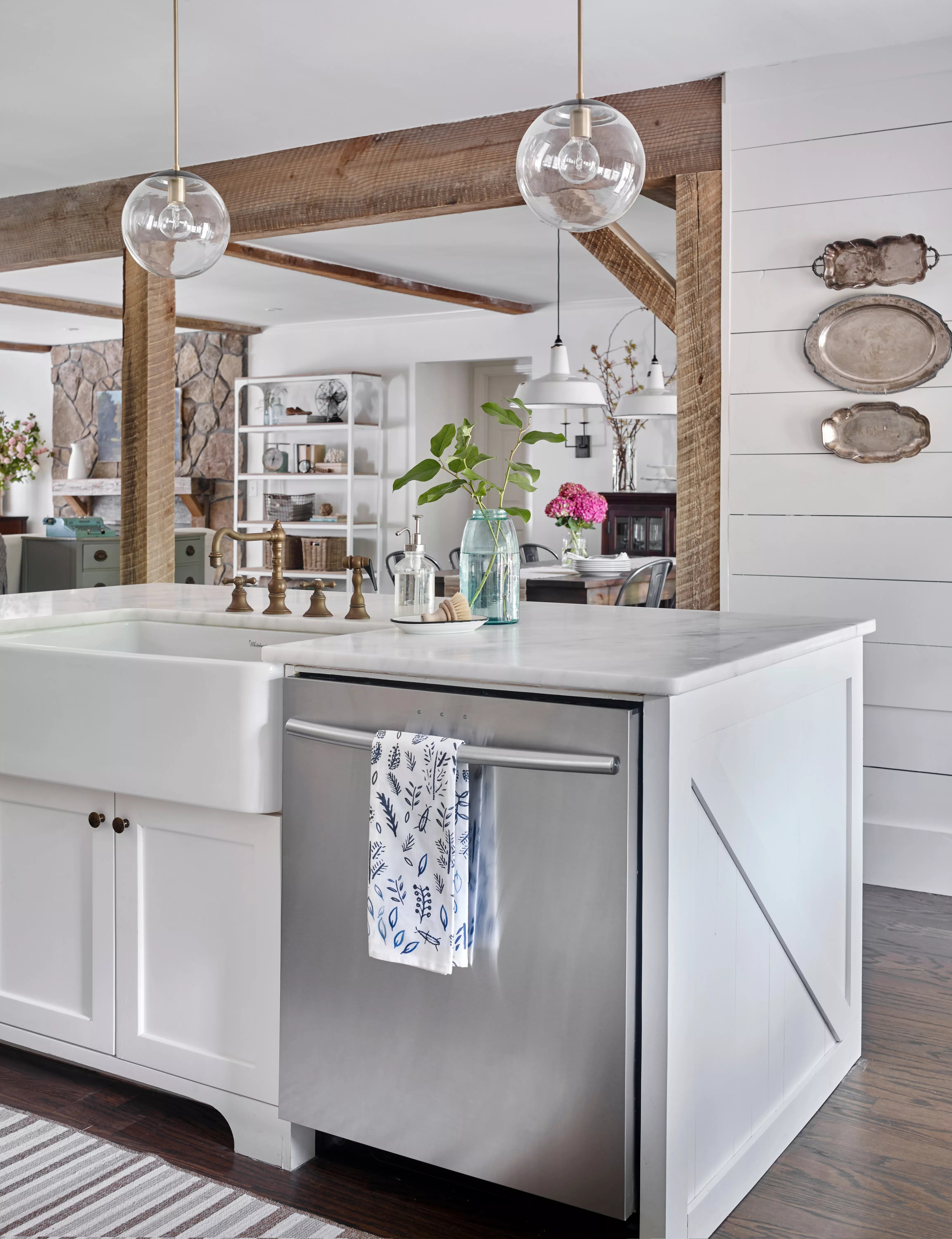 dishwasher in island in farmhouse kitchen