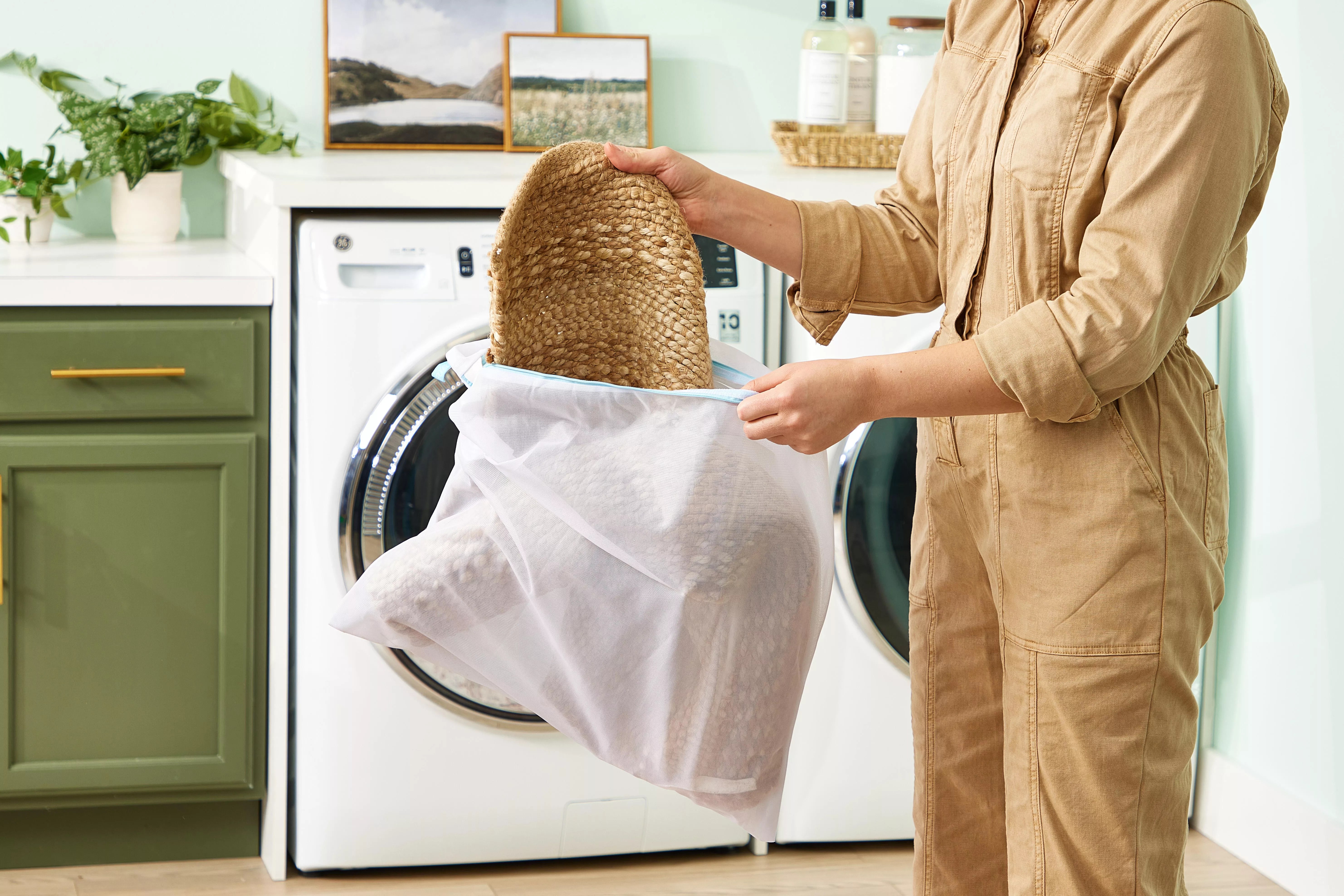 placing rug in laundry bag