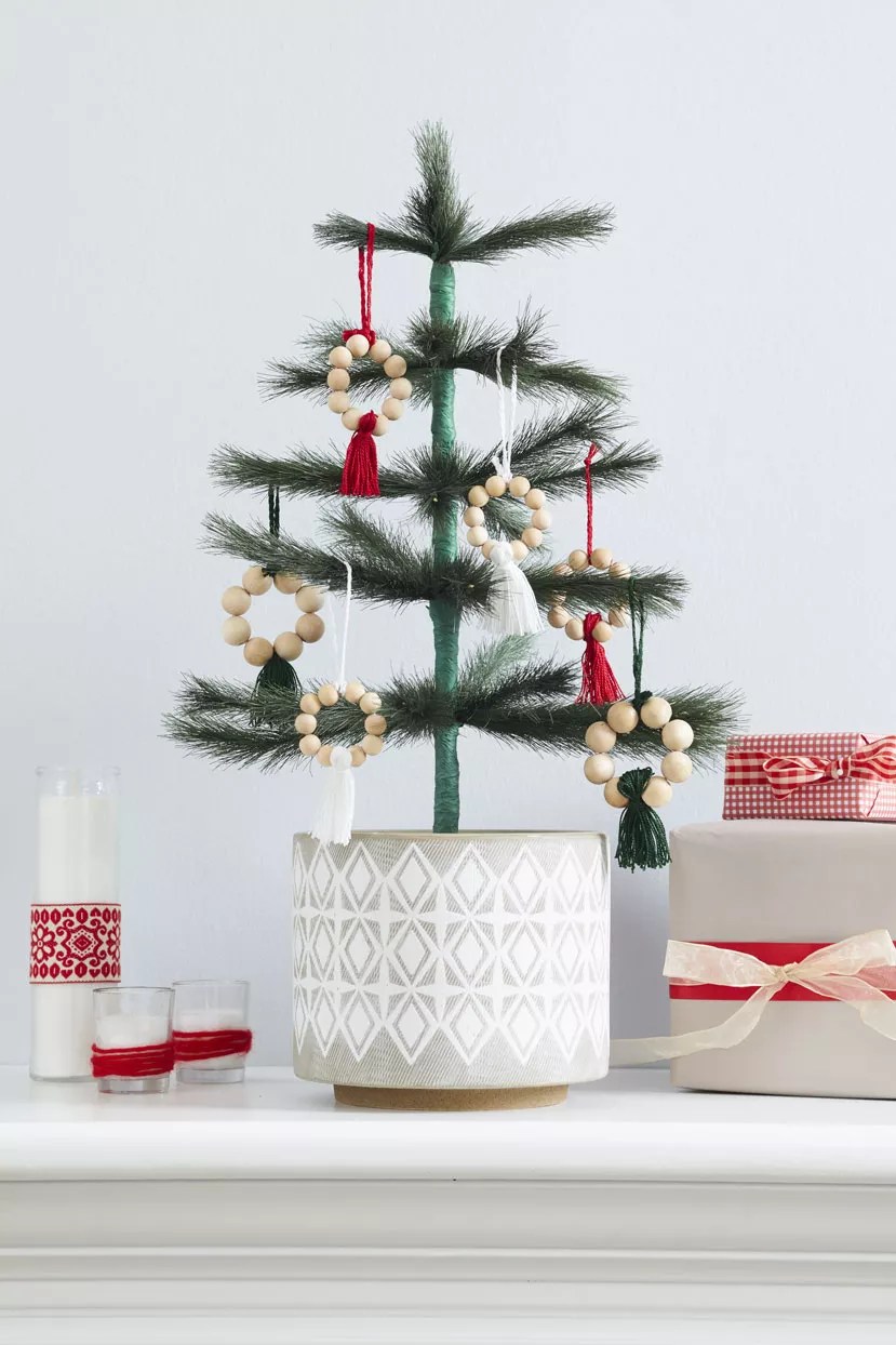 minimal tree display beaded ornaments