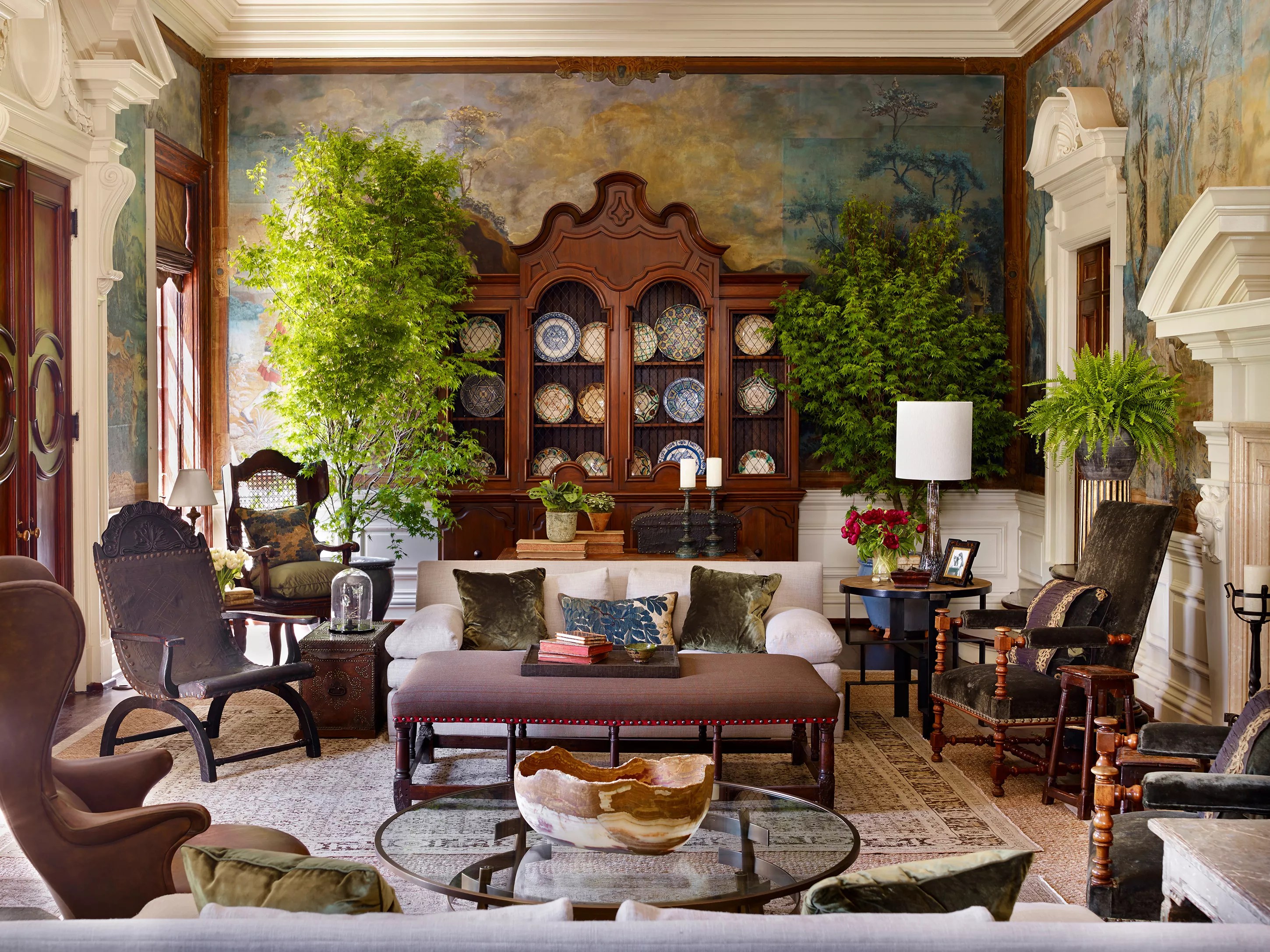 traditional living room with brown furniture