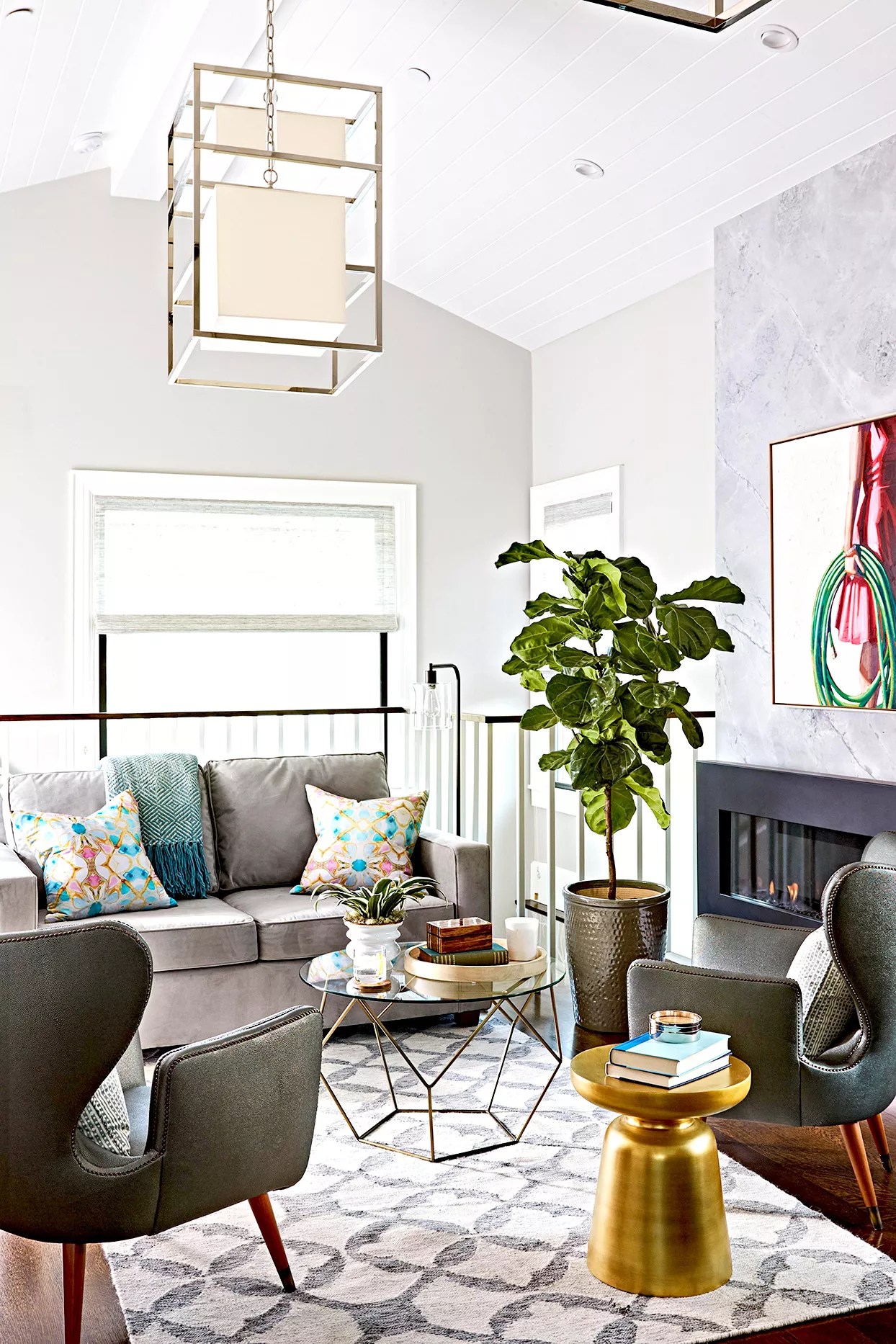 Living room with geometric table and square light