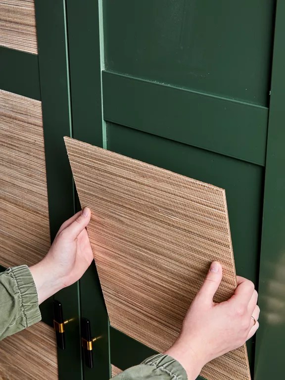 Close-up of custom hacked panels on IKEA Pax wardrobe