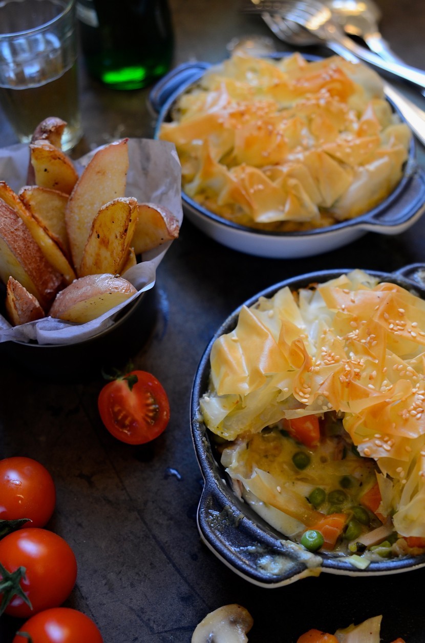 Chicken pot pies with scrunched phyllo pastry tops Easy family favourites