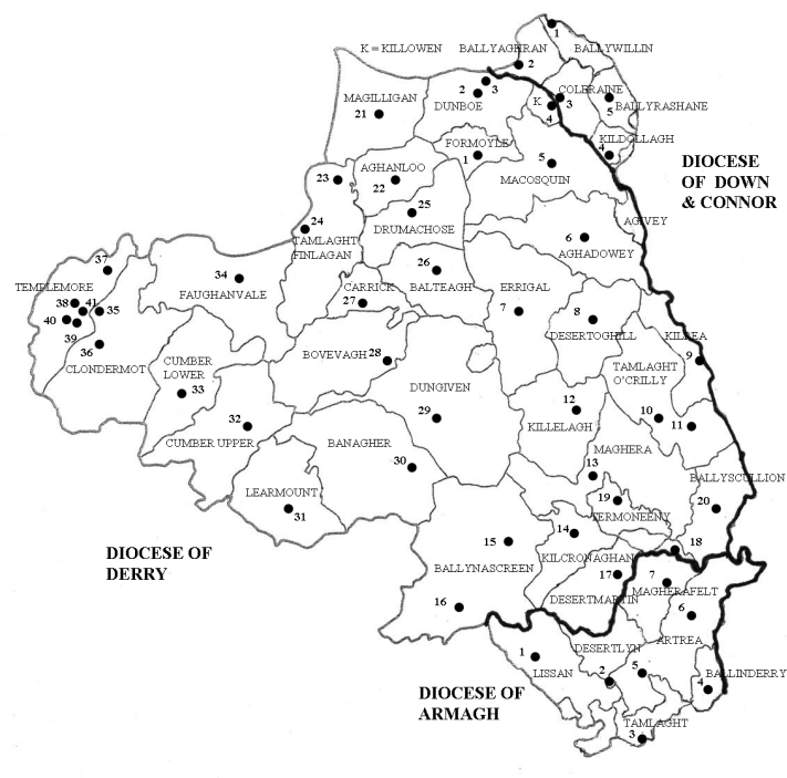 Map showing the locations of Church of Ireland Parishes and Churches of