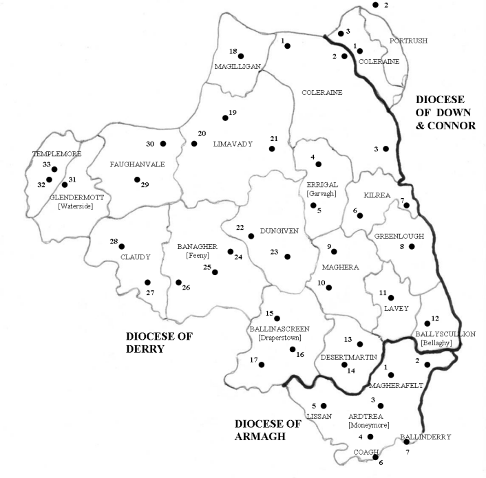 Map showing the locations of Roman Catholic Parishes and Churches of
