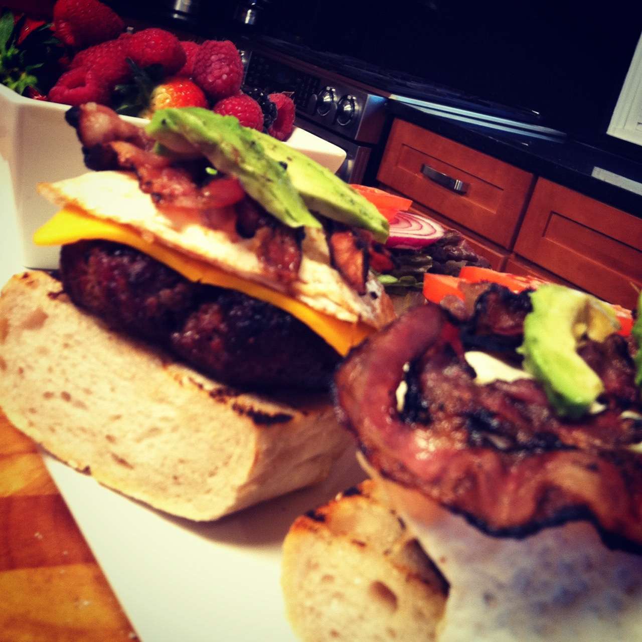 Hamburgers with Grilled Bacon, Fried Egg & Avocado