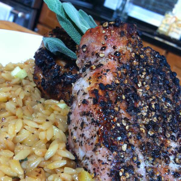 Vegetable Orzo with Boneless Peppered Pork Chops