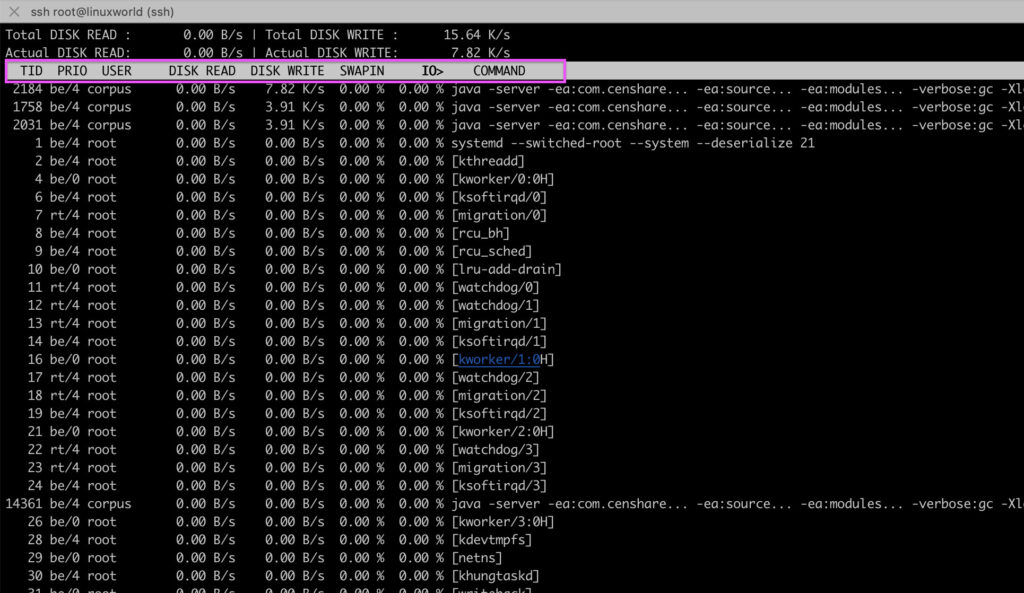 Examples of "iotop" command in Linux Monitor disk input/output per