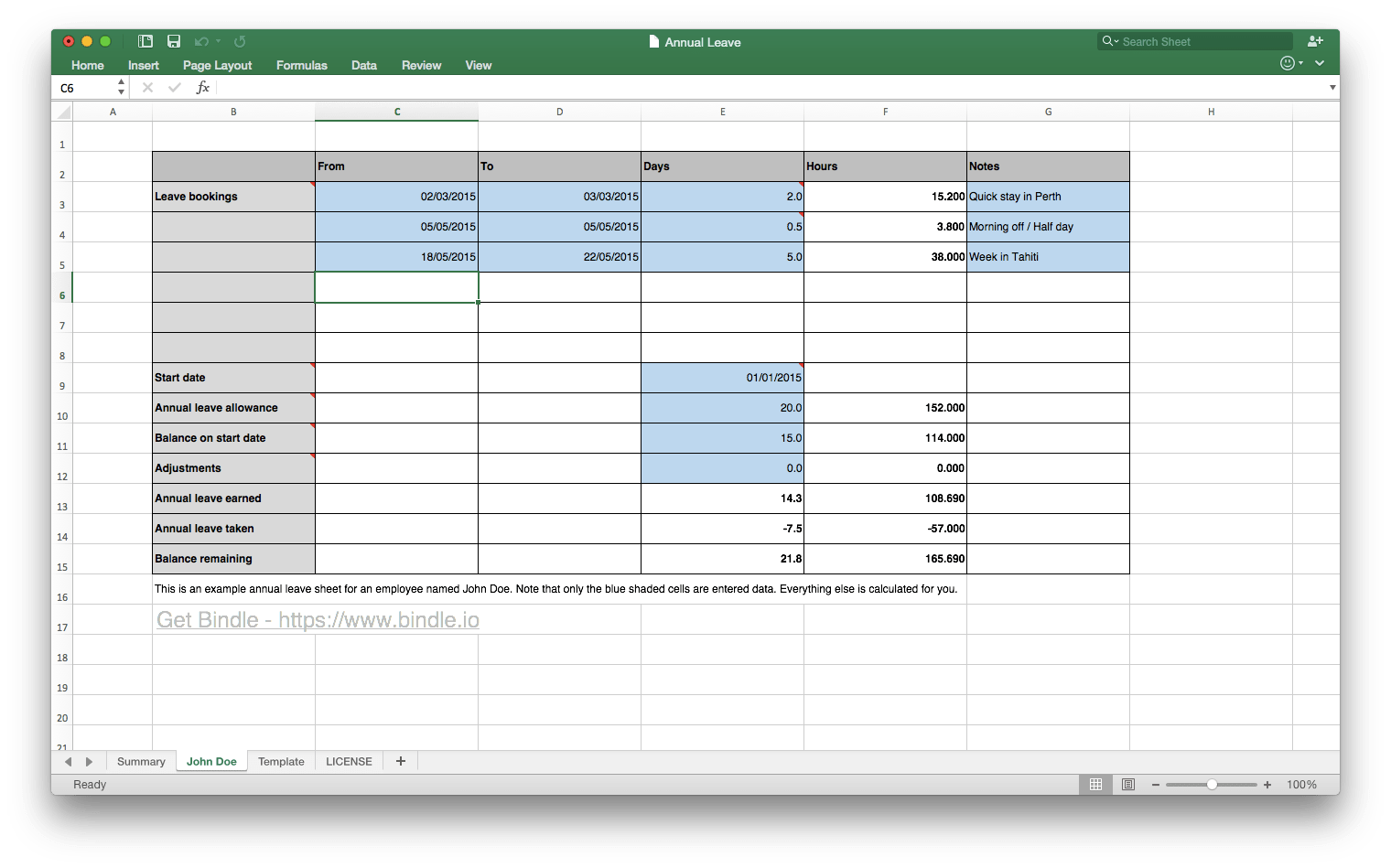 Free Annual Leave Spreadsheet by Bindle