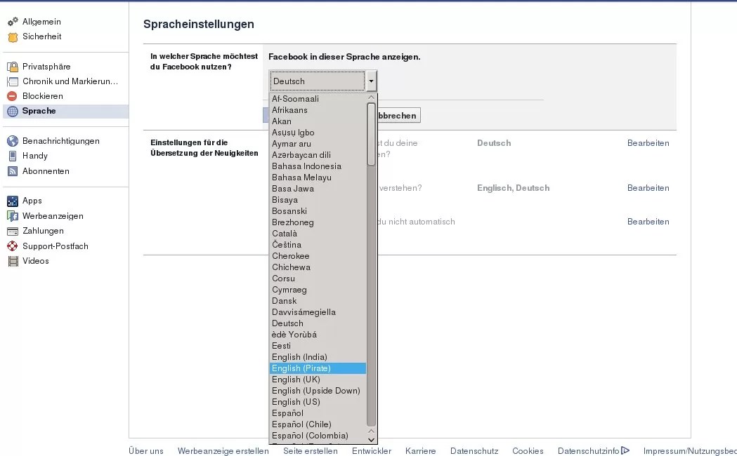 Facebook auf Piratensprache umstellen » Linux Spiele OpenSource