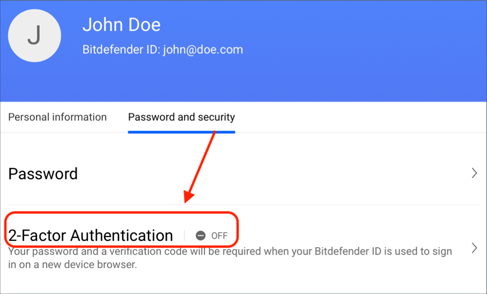 Bitdefender Central 2Factor Authentication