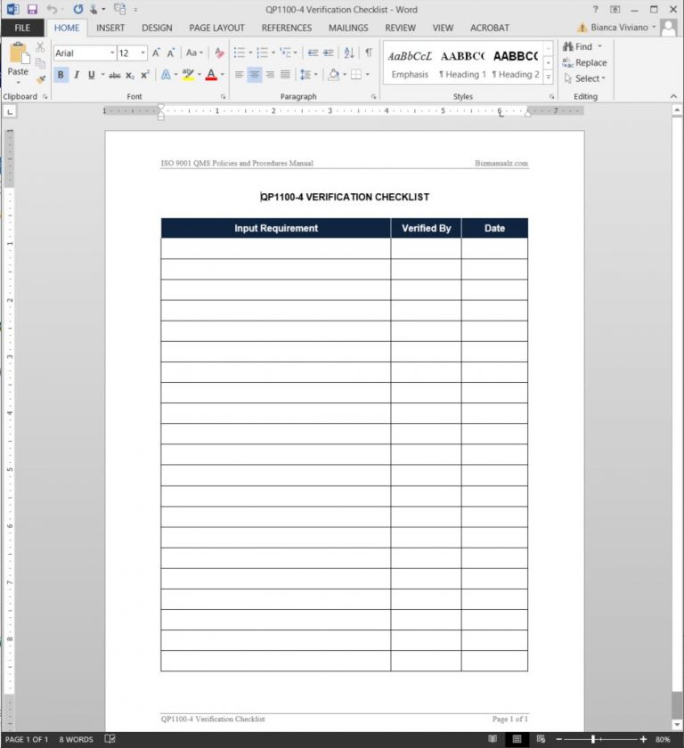 Verification Checklist ISO Template