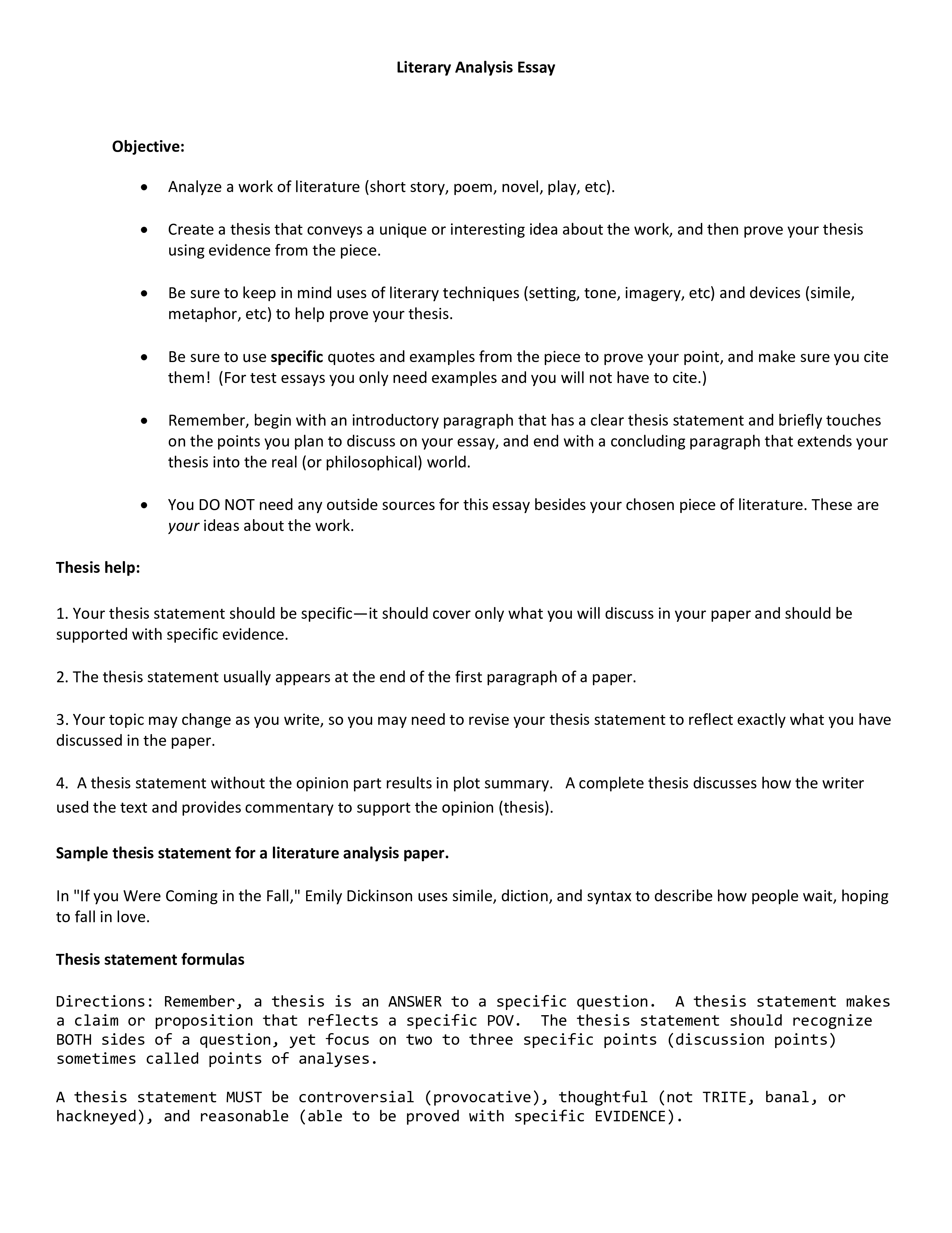 Writing a Specific Literary Analysis Essay Objective, Paragraph, and