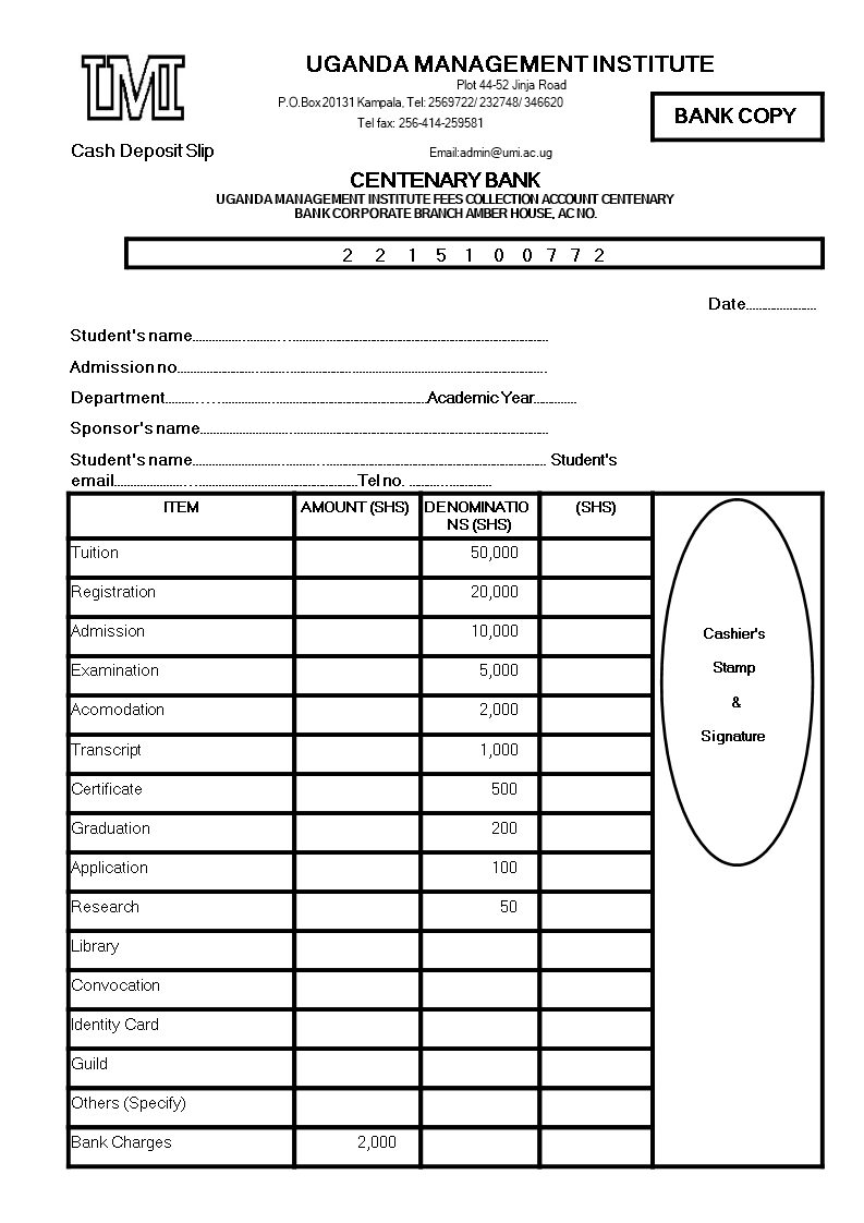 Cash Deposit Slip Template
