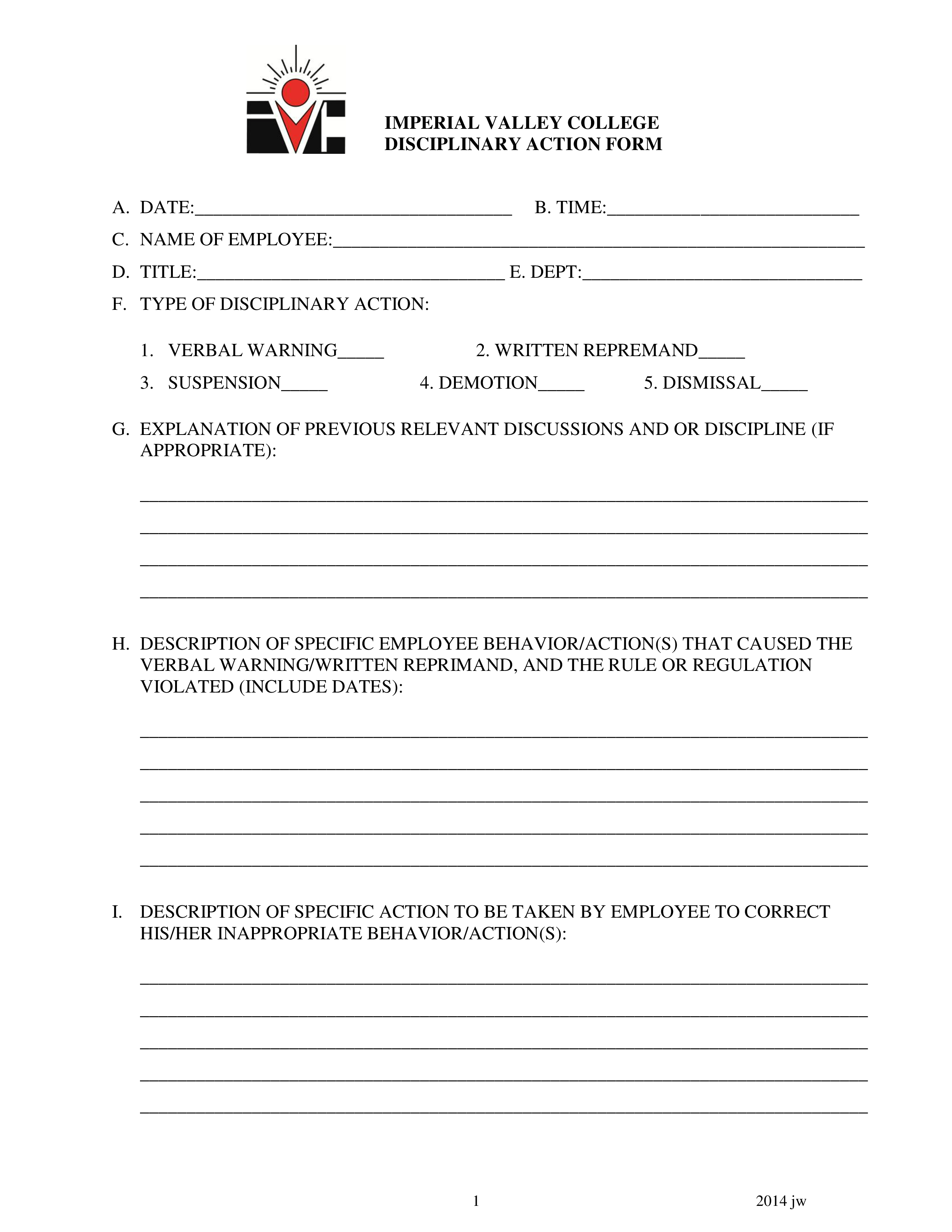 College Disciplinary Action Form