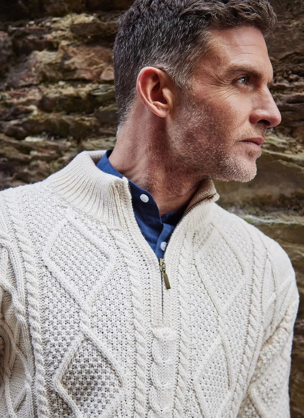 Inishmore Half Zip Aran Sweater in Natural Blarney