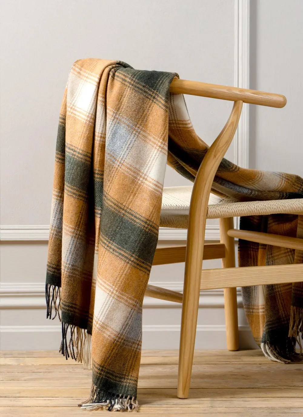 Mustard Grey Check Lambswool Throw Blarney