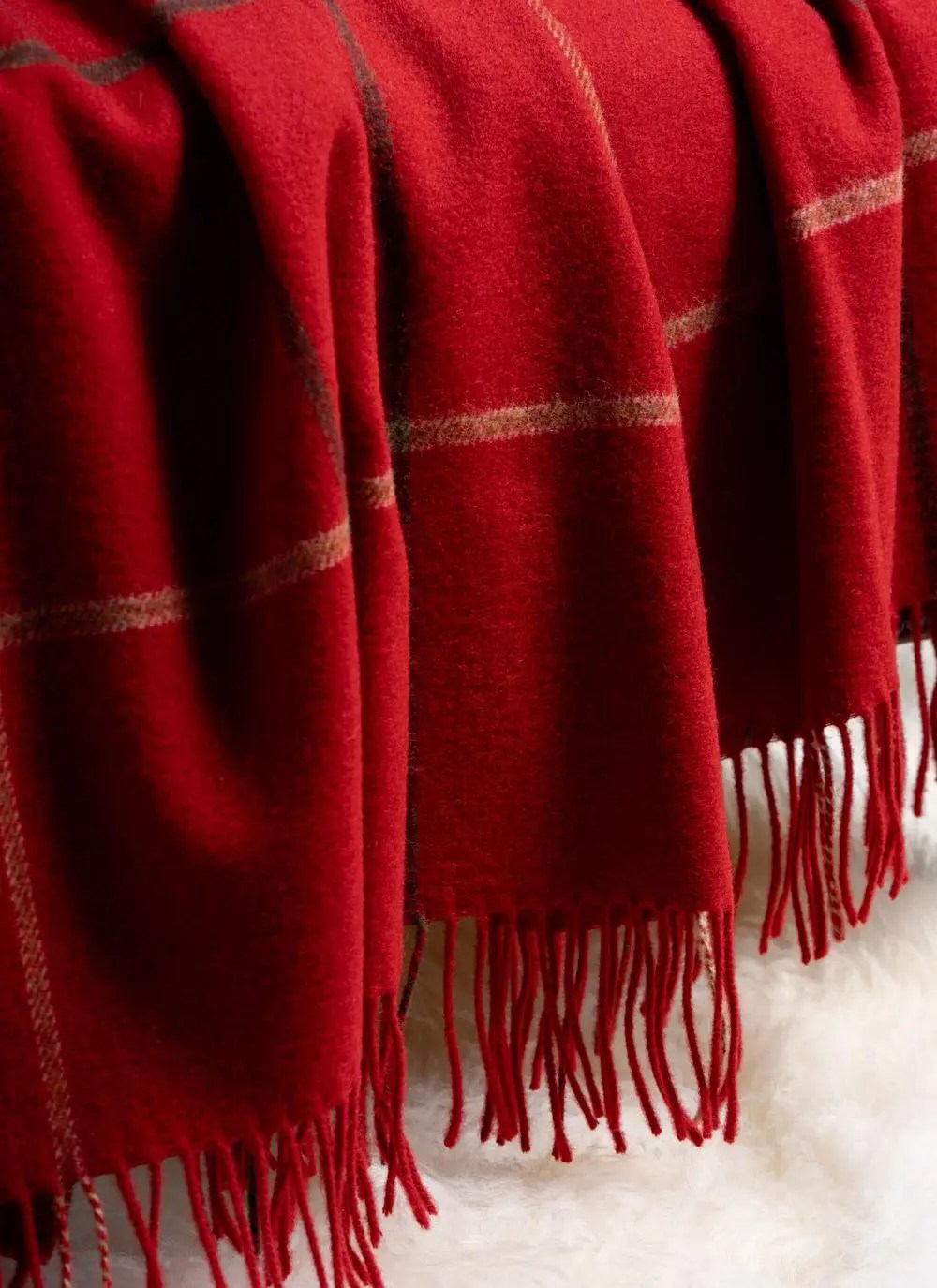 Red Check Lambswool Fringed Throw Blarney