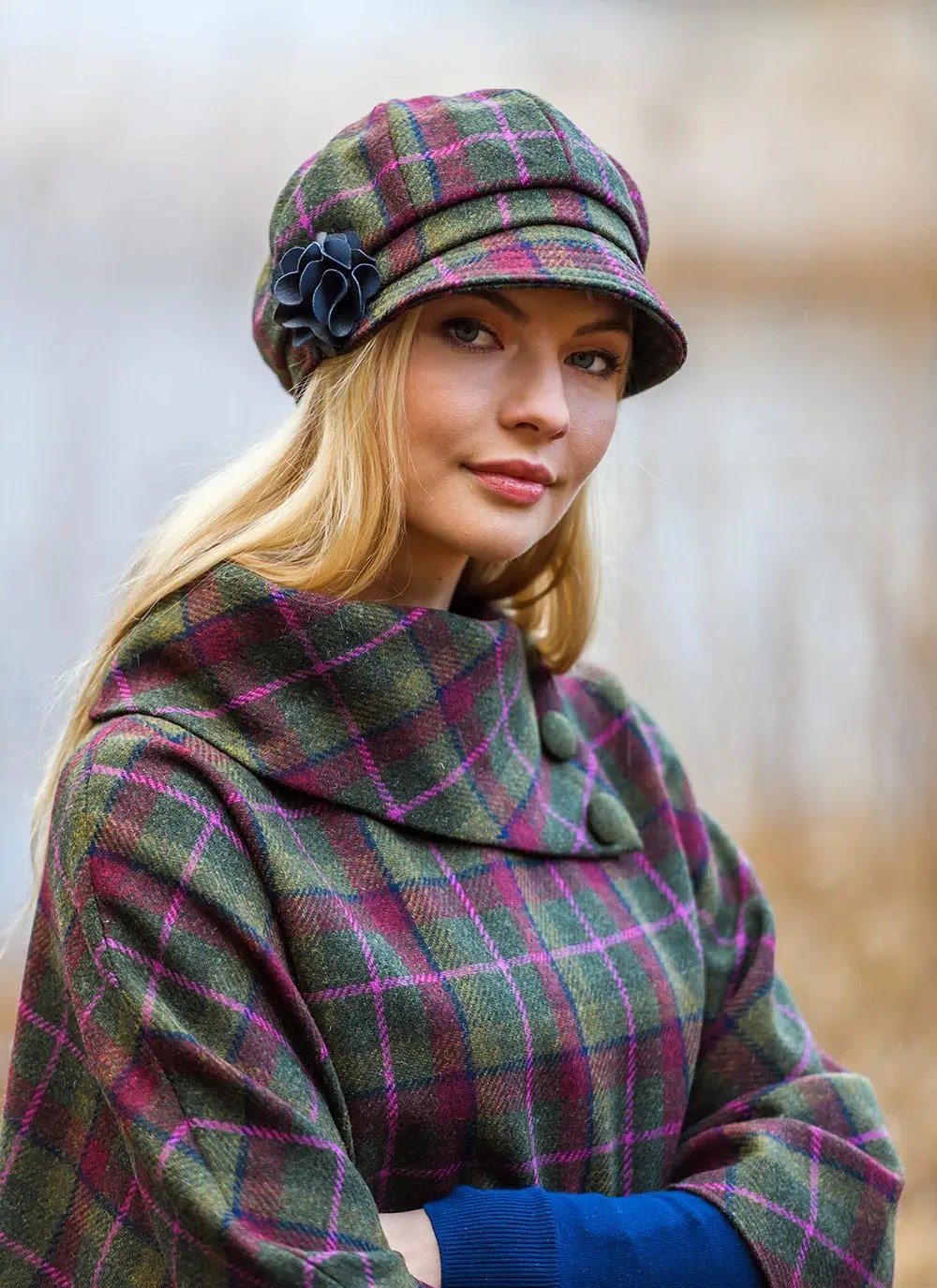 Irish Wool Newsboy Hat in Pink/Olive Check Blarney