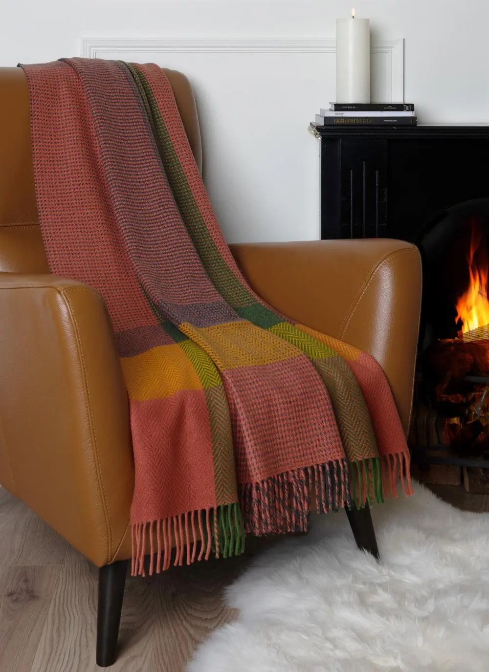 Coral Check Wool Cashmere Throw Blarney