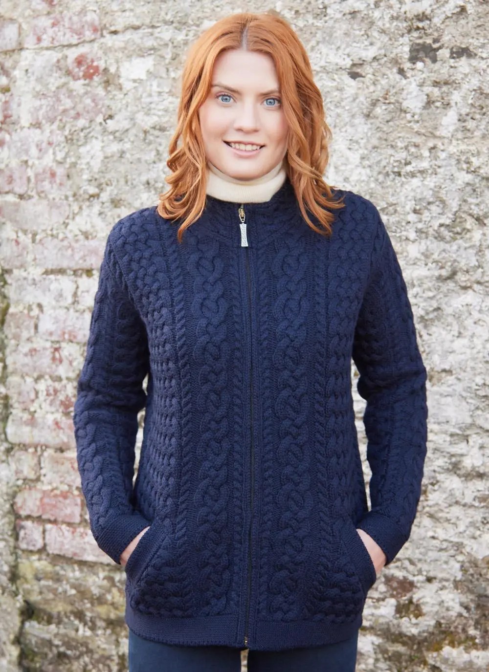 Clodagh Zip Aran Cardigan in Navy Blarney