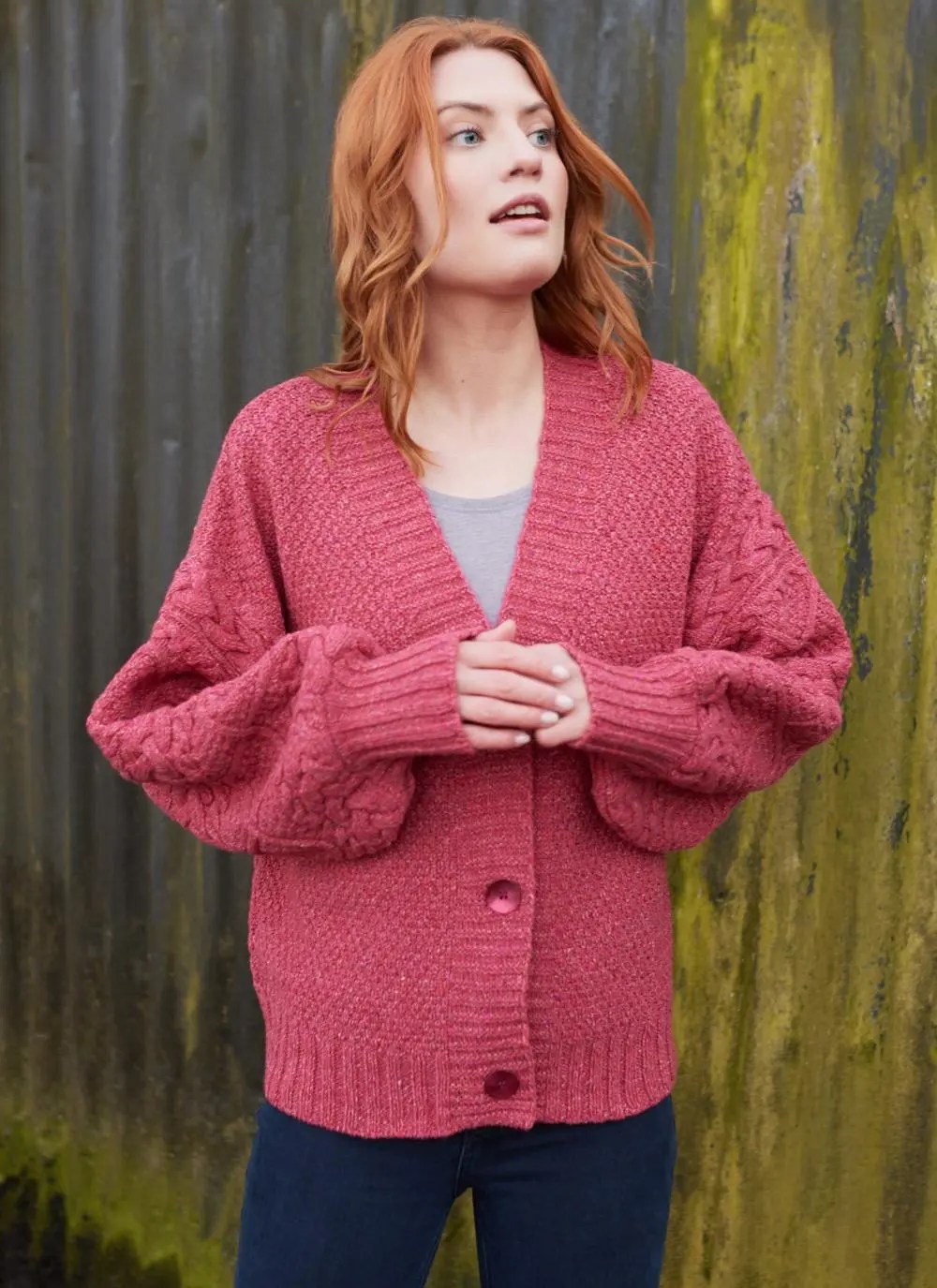 Thistle Cable Knit Sleeve Cardigan in Coral Blarney