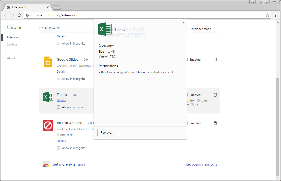 How to remove the Tables Extension from Chrome
