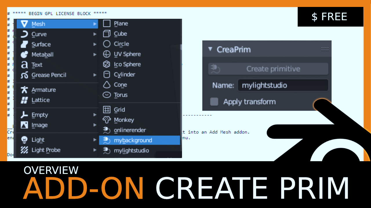 Blender 2.8 Addon Overview Create Prim addon turns an object into