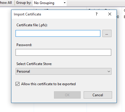 Select pfx and enter password