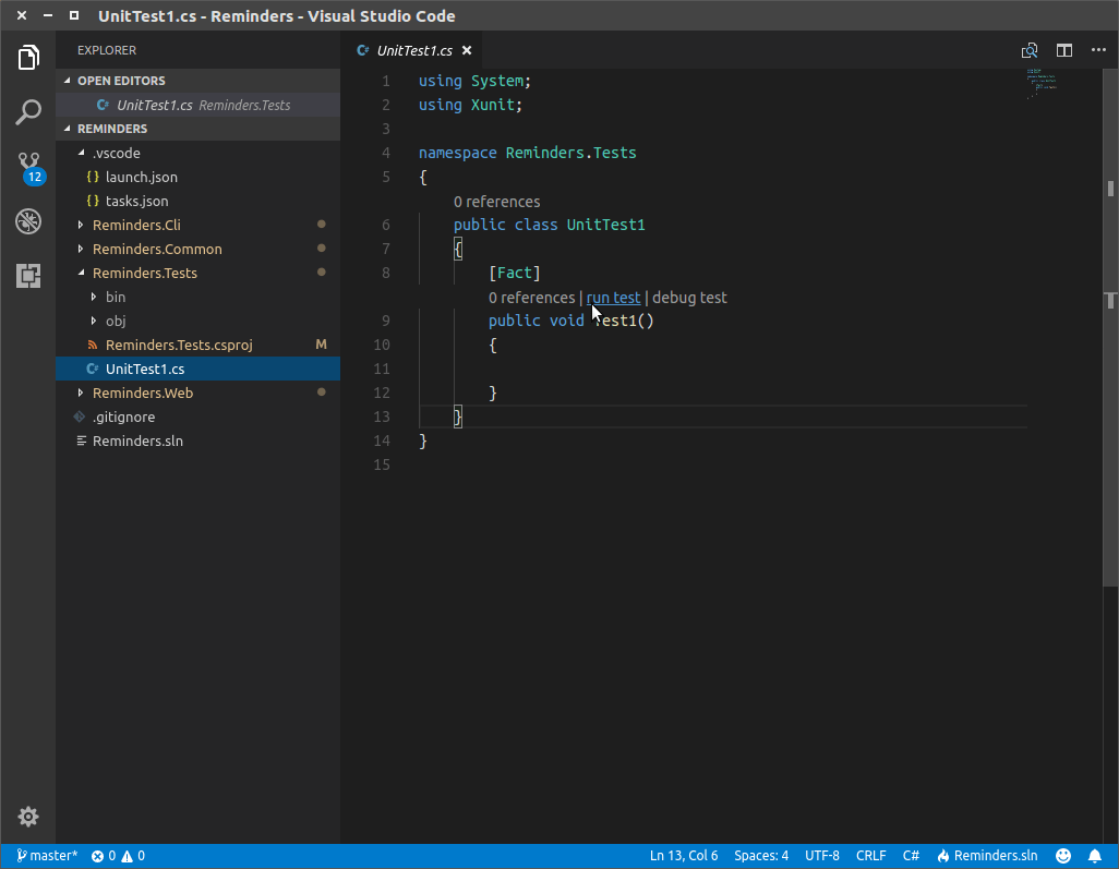 run test, debug test