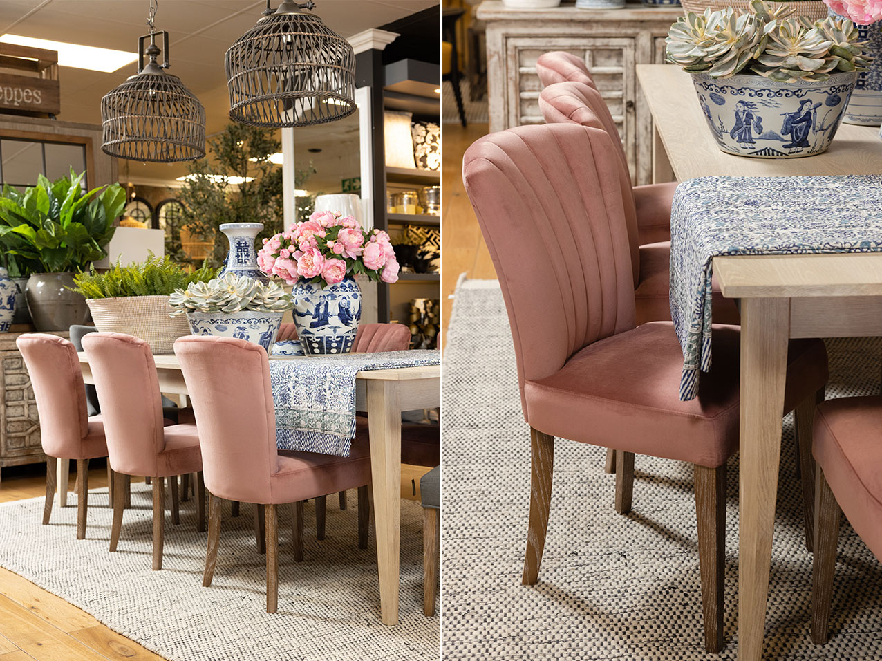 Plush pink dining chairs with wooden dining table and delft pottery Block & Chisel