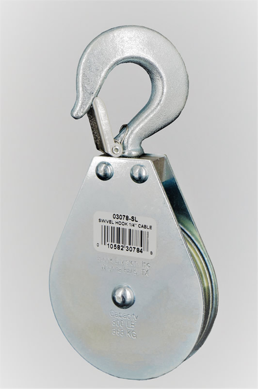 3” Swivel Hook Pulley Block; Steel Latch; 5/16 rope