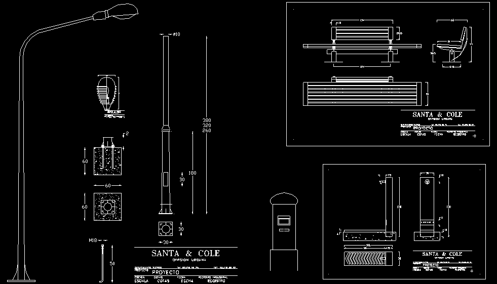 Bloques AutoCAD Gratis de mobiliario urbano farolas, bancos, fuentes