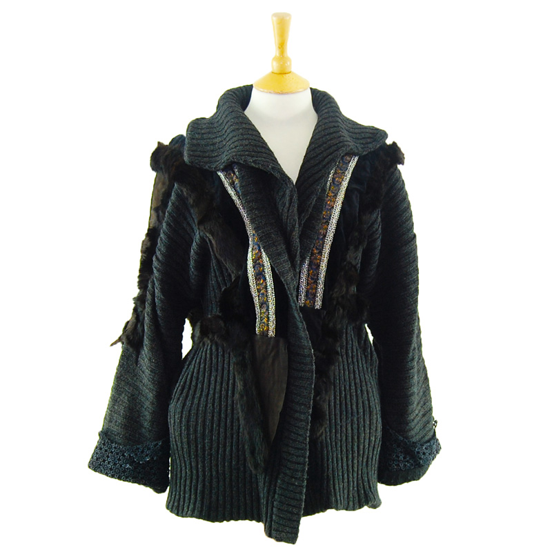 Ladies Rabbit Fur And Suede Cardigan UK 12 Blue 17