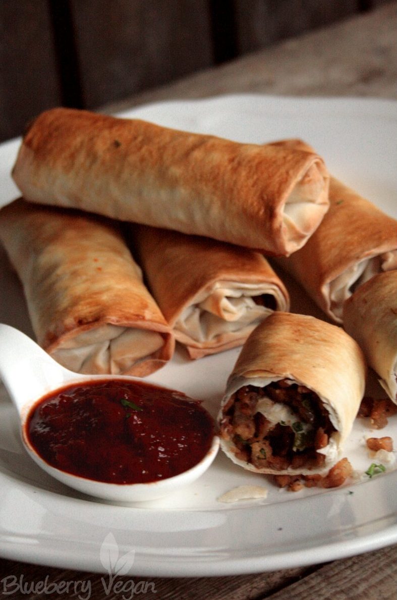 Filo Hack Röllchen mit rauchigem Tomatendip Blueberry Vegan