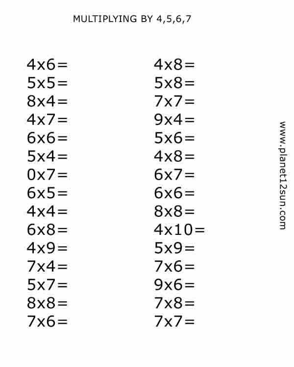 Multiplying By 4, 5, 6, 7 – 2Nd, 3Rd Gr – Bluebirdplanet.com