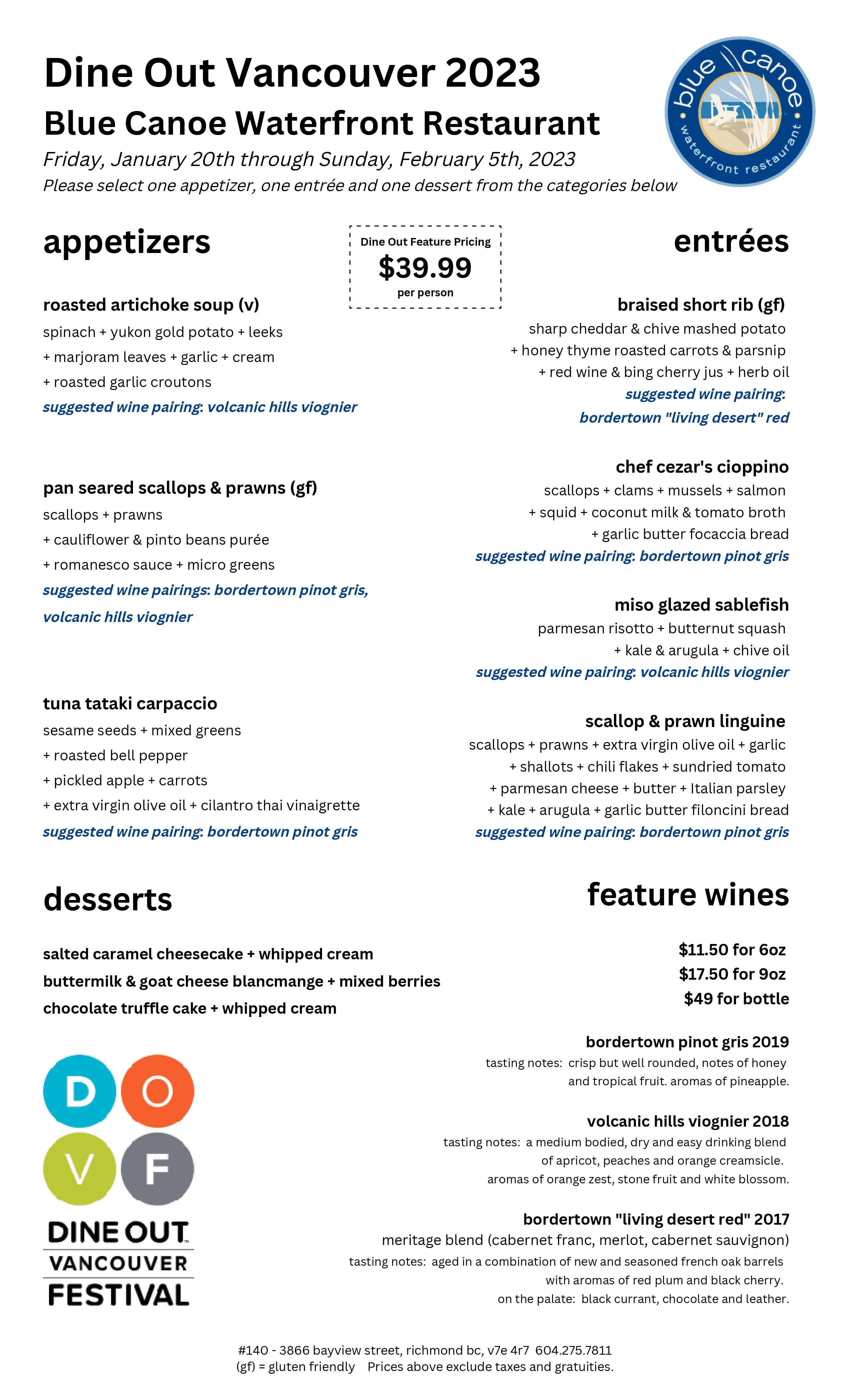 Dine Out 2023 begins Friday, January 20th! Blue Canoe Waterfront