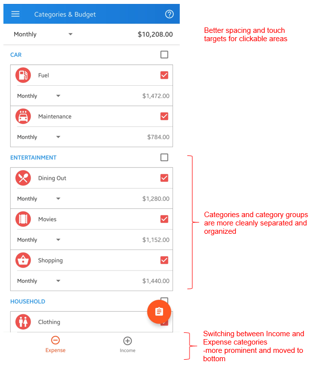 budget setup UI Bluecoins