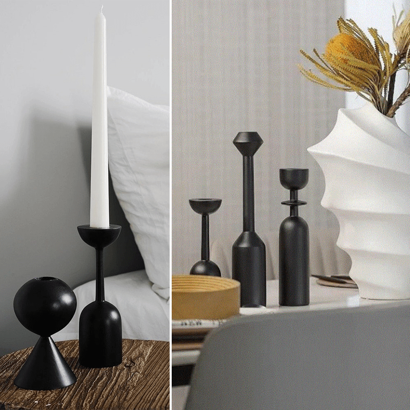 Black Wooden Candle Holder Set Modern Candle Sticks Blue Jay Décor