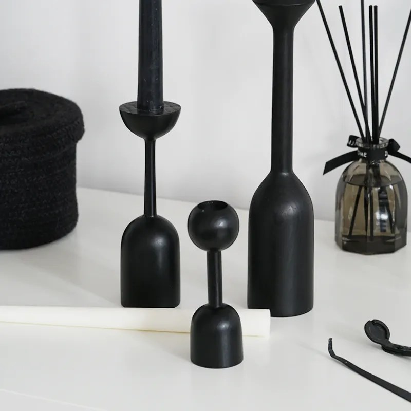 Black Wooden Candle Holder Set Modern Candle Sticks Blue Jay Décor