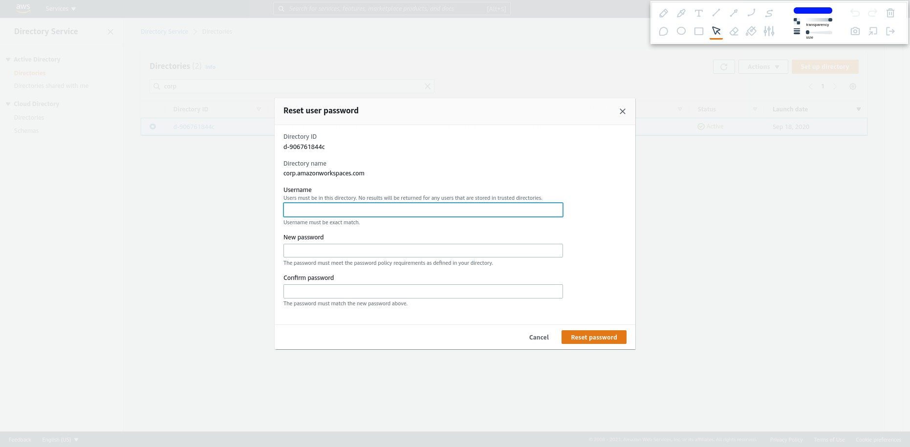 How to reset the password of a Workspace from the AWS console