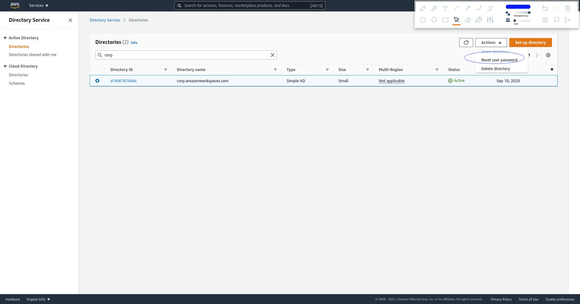 How to reset the password of a Workspace from the AWS console