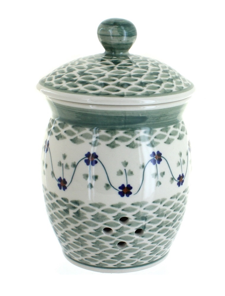 Blue Rose Polish Pottery Sage Floral Garlic Keeper
