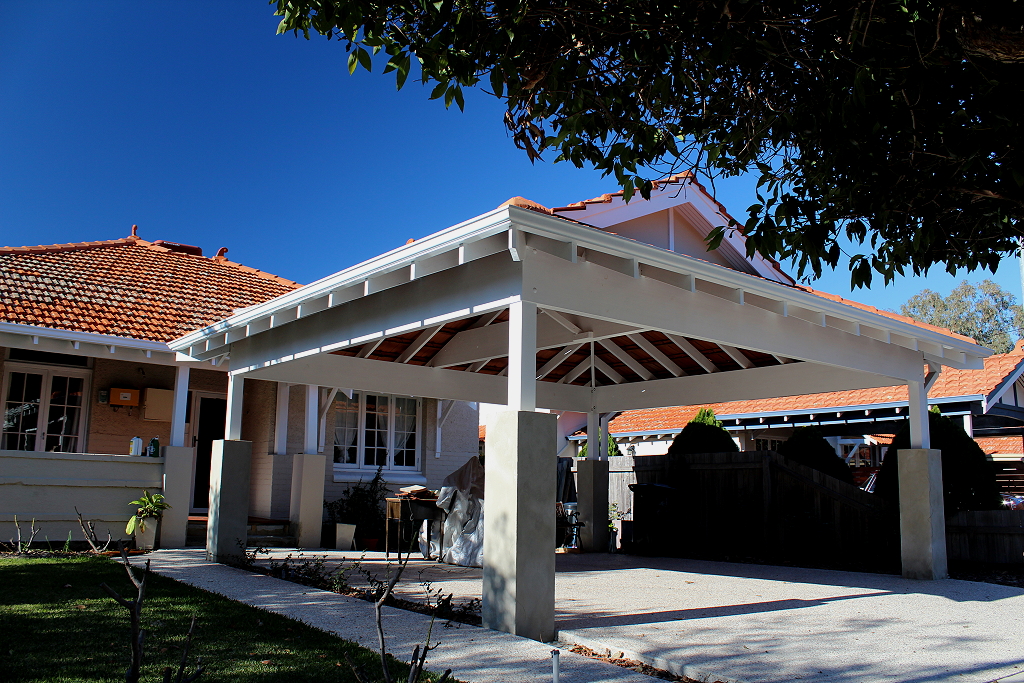 Double timber Carport with tiled Dutch gable roof Blue Sky Carpentry