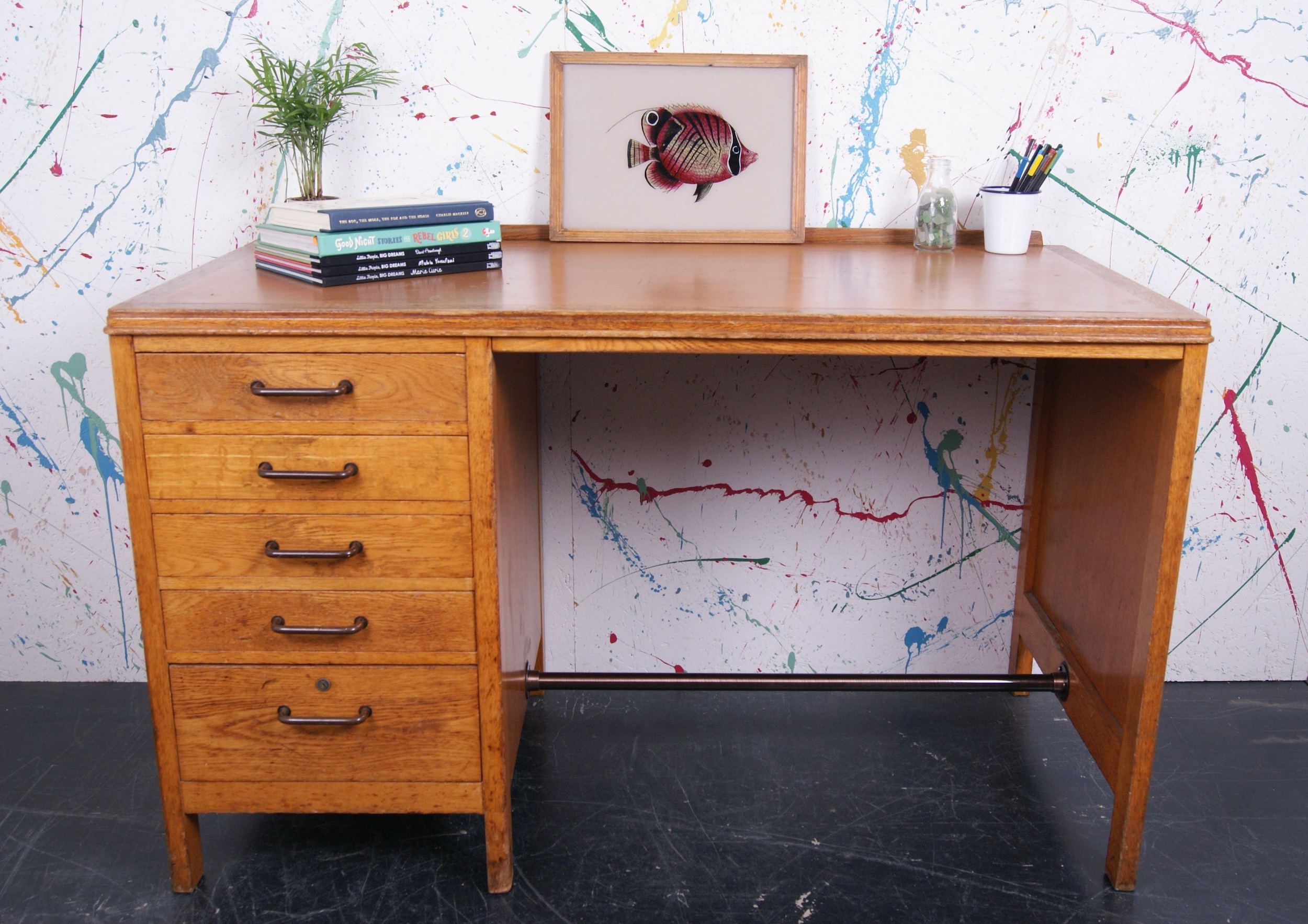 Wooden Desk with Drawers Blue Ticking