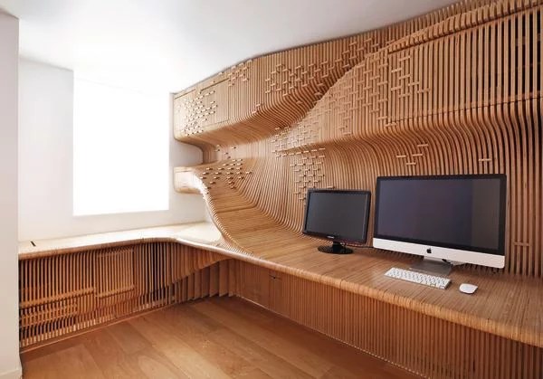 Expressive Möbeleinbauten für ein privates Büro in London. Plastisch
