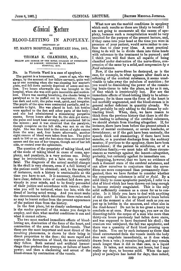 Clinical Lecture on BloodLetting in Apoplexy The BMJ