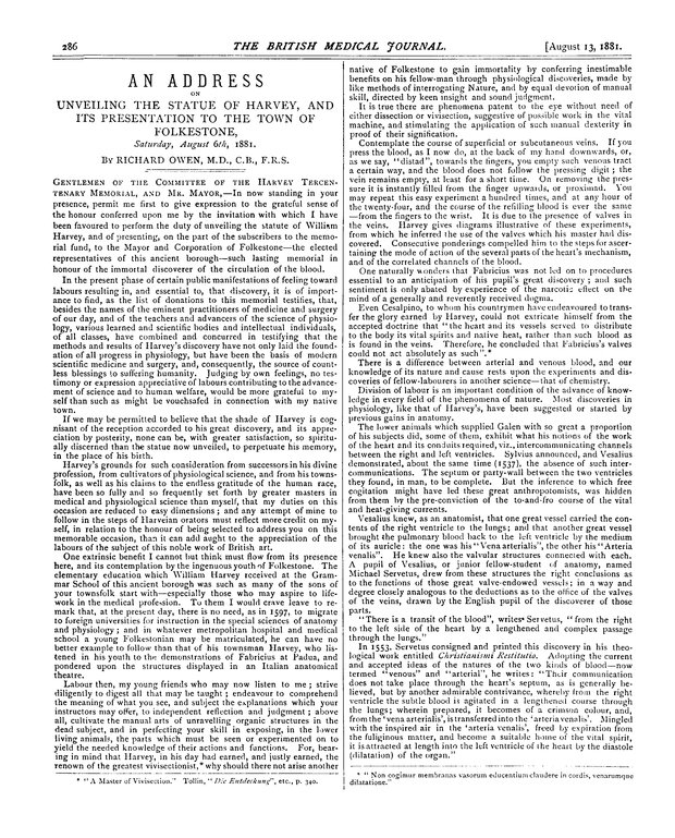 An Address on Unveiling the Statue of Harvey, and its Presentation to